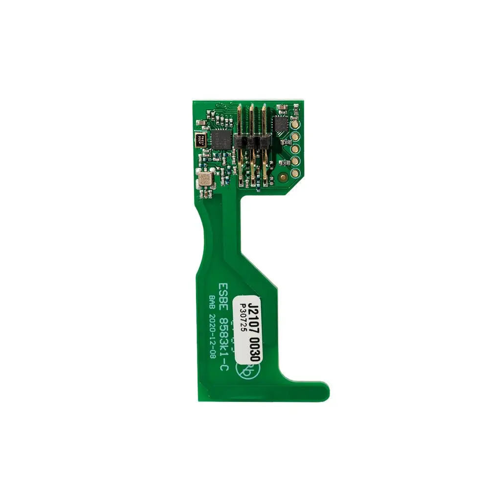 Grüne Leiterplatte mit elektronischen Komponenten und Anschlüssen, beschriftet mit "ESBE 63834-1-C". Entwurf für ein Funkmodul, möglicherweise Zubehör für Regler.
